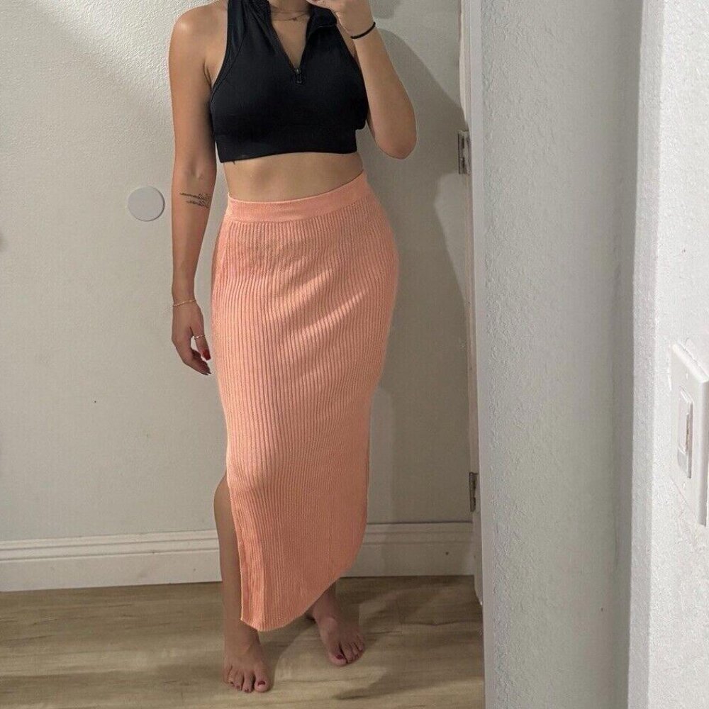 MNG Mango Womens Orange Green Skirt Size Medium M Summer Viscose Slit Knit